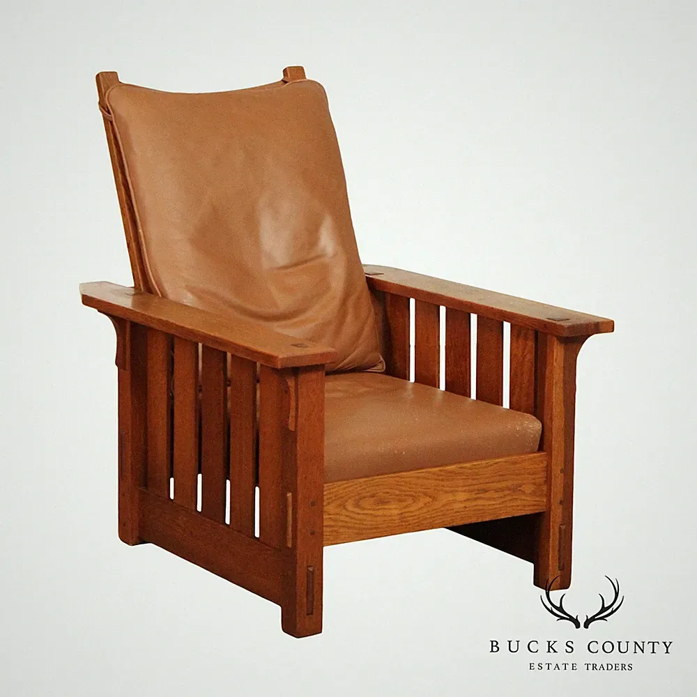 Gustav Stickley Antique Mission Oak and Leather Reclining Morris Chair