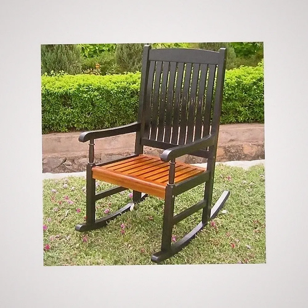 Pemberly Row Acacia Wooden Patio Rocker in Black/Oak