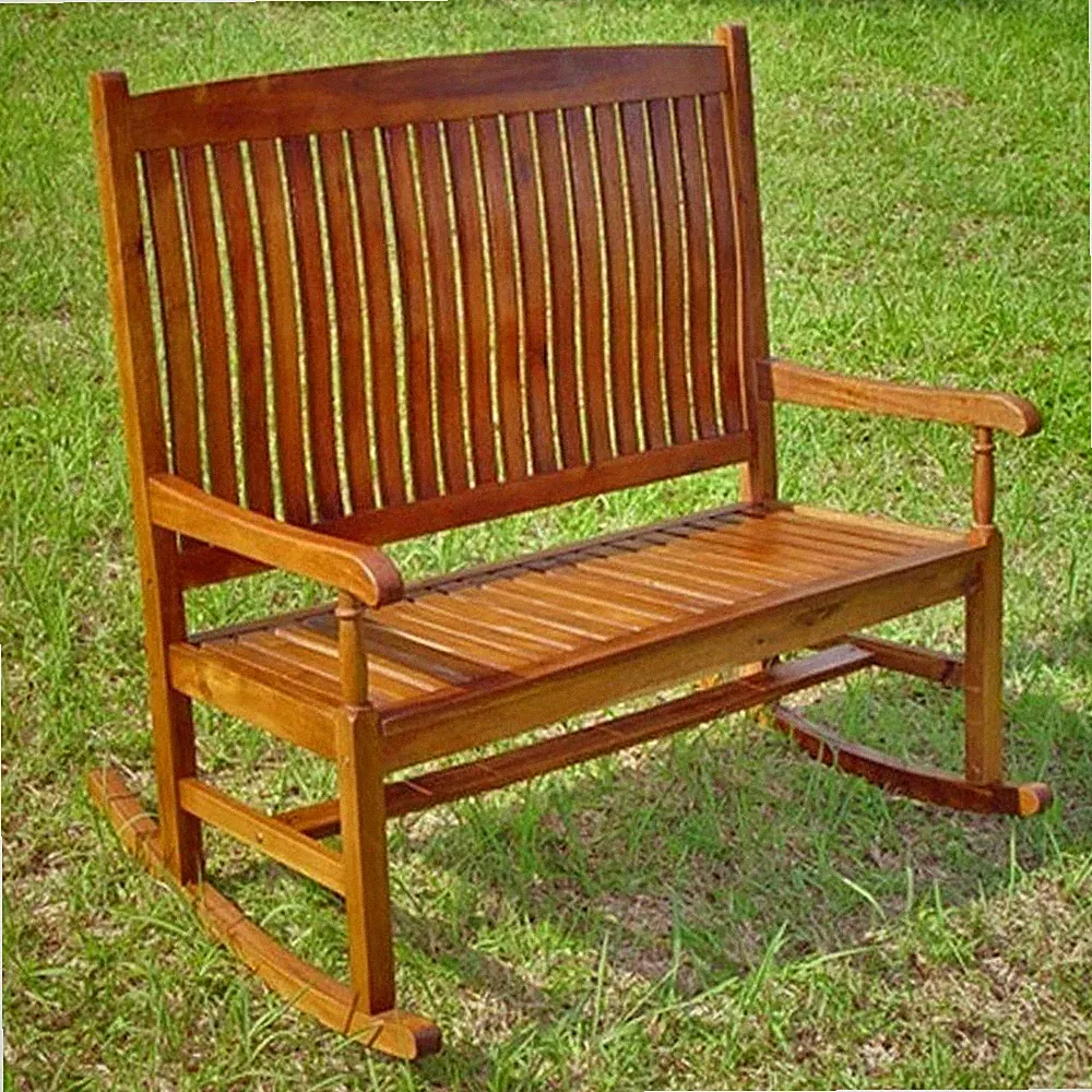 Pemberly Row Loveseat Patio Rocker in Stain