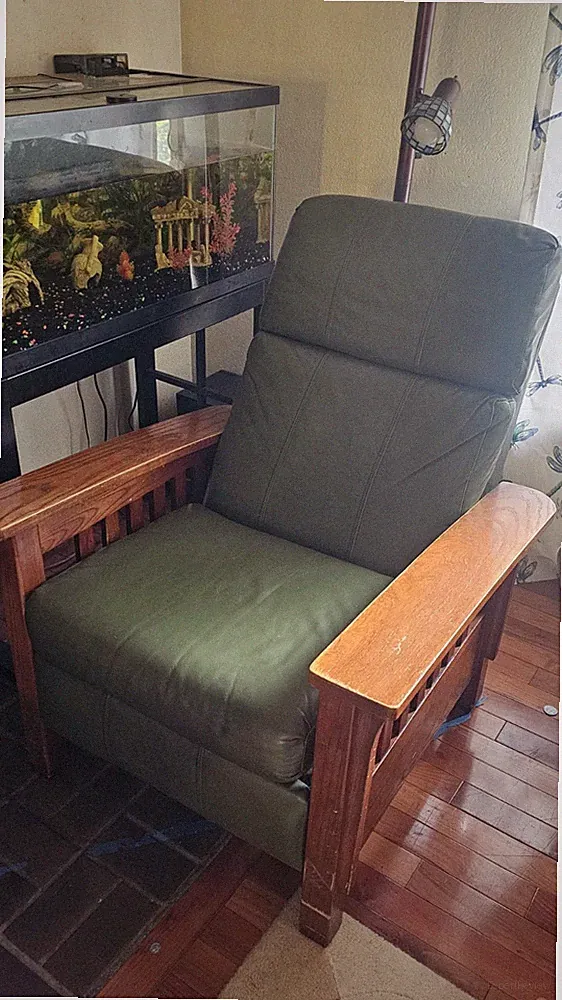 Vintage Mission Pushback Recliner Barcalounger green leather, solid oak arms