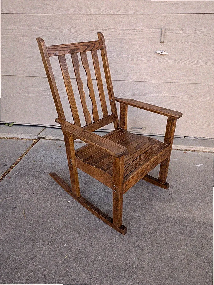 Vintage Rustic Mission Style Slat Oak Wood Rocking Arm Chair